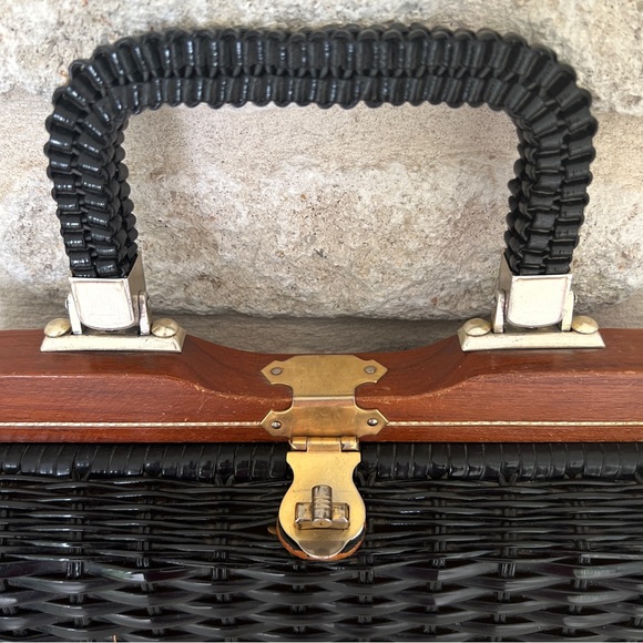Vintage wicker box purse black vinyl woven large - Picture 3 of 12